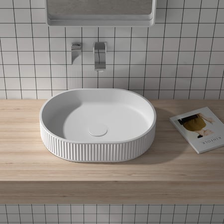 Ruvati 19 x 14 inch Fluted Vessel Bathroom Sink epiStone Solid Surface Modern Oval Matte White RVB2819WH